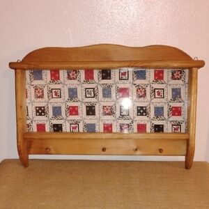 Vtg Pine Wall Shelf W/Pegs Quilted Fabric Back(You Change Out Fabric)Cottagecore